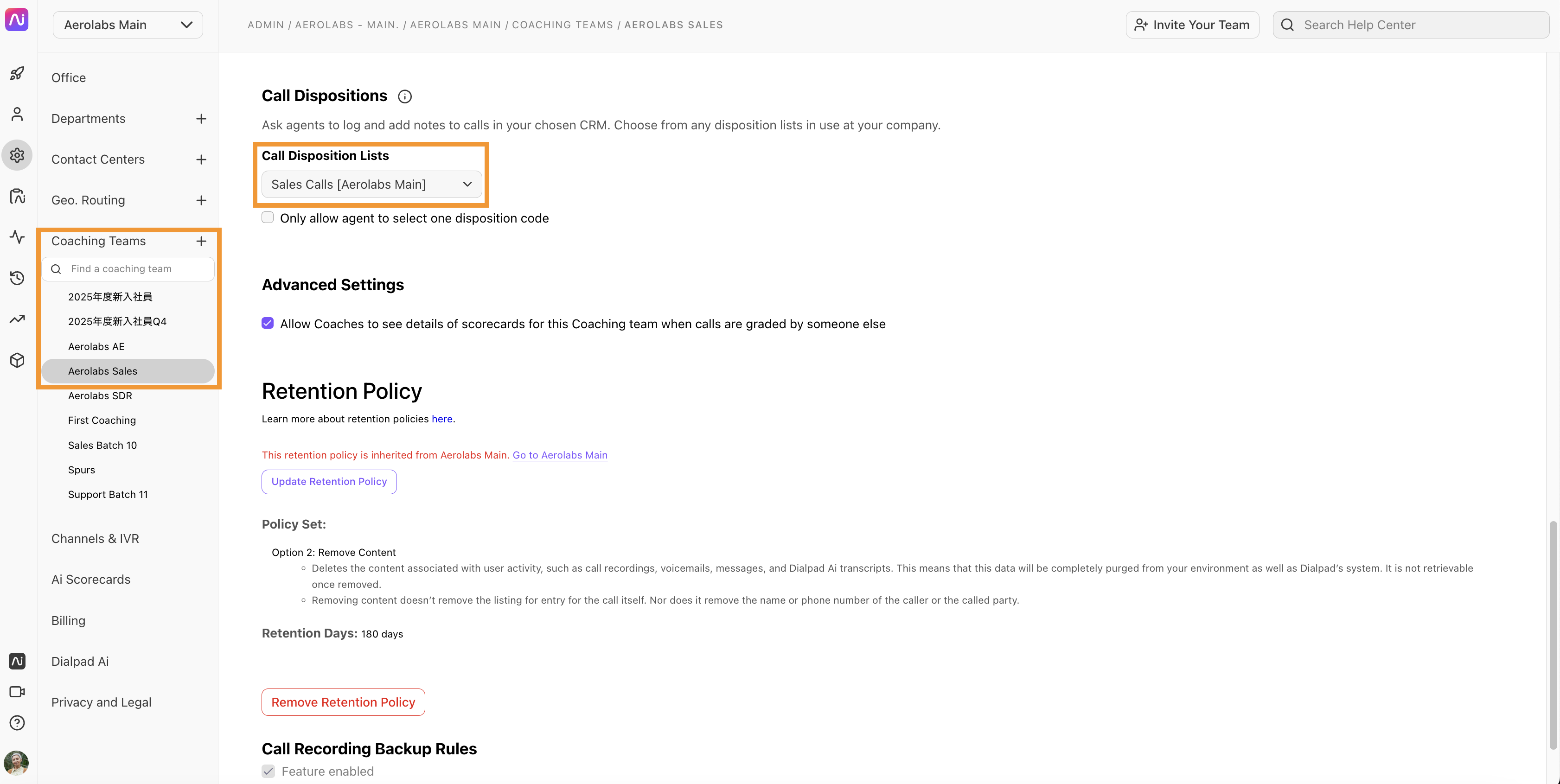 Settings page for adding call disposition lists to coaching teams.